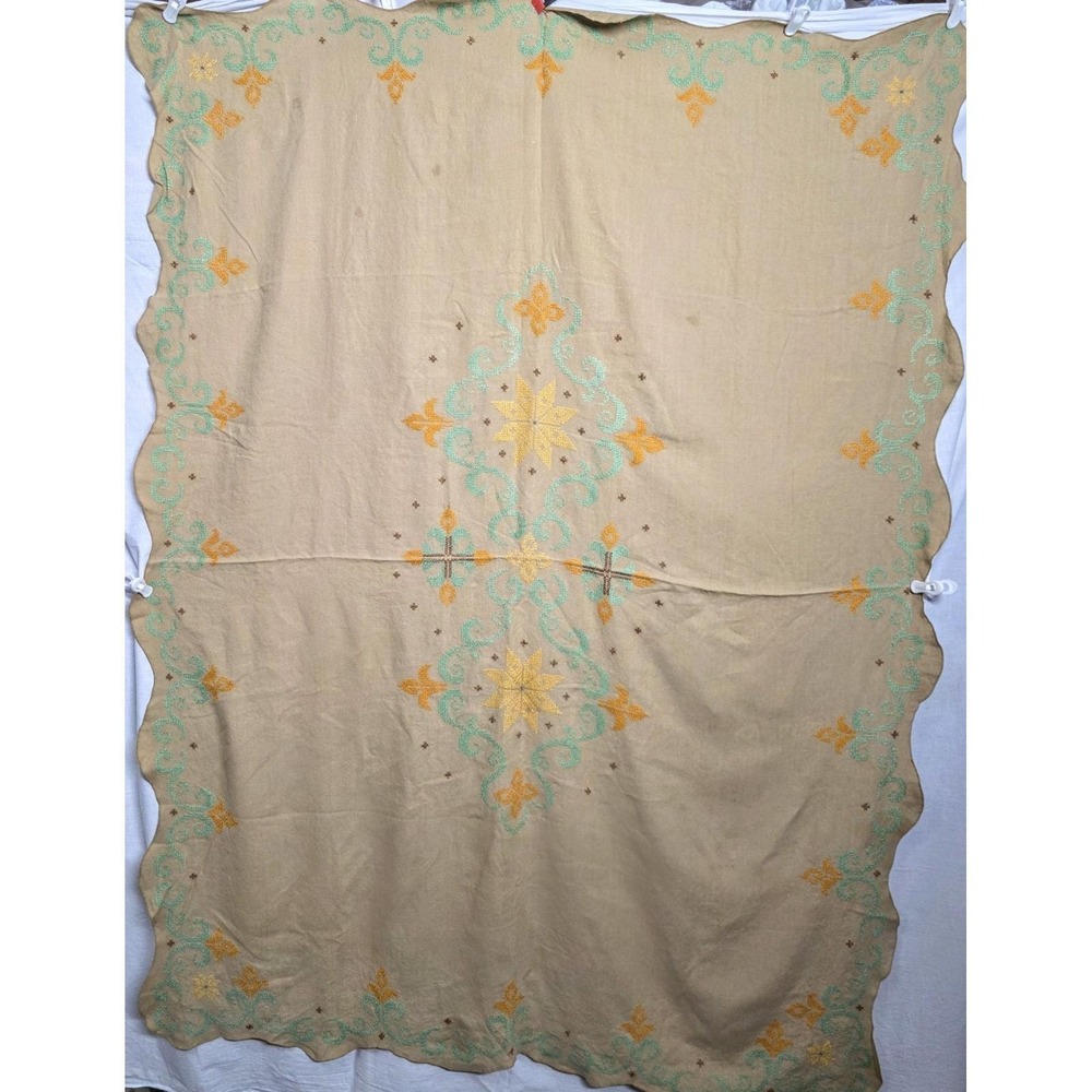 Vintage Cross Stitch Tablecloth 71 x 108 Scalloped Edge Mint Green Orange MCM
